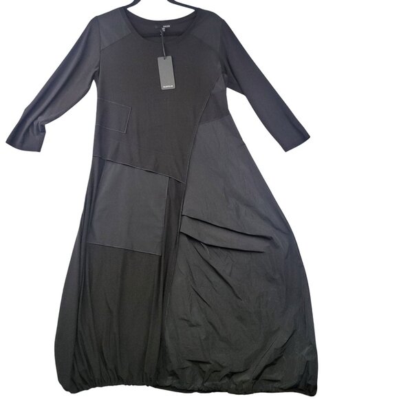 Sun Kim Oversized XS Black Balloon Dress Asymmetrical Paneling 3/4 Sleeves New - Picture 1 of 11